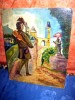 Tablou vechi ulei pe placaj- Cavaler cu vioara salutand doamna la intrare in cetate