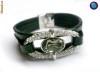 Bratara din piele cu aliaj inoxidabil placat cu rhodium,cristale albe si piatra mare black diamond oval
