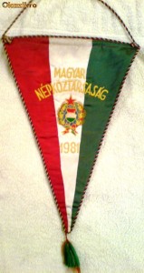 UNGARIA ,Fanion  MAGHYAR NAPKOZTARSASAG 1981 , MATASE GROASA  BRODATA, LUNGIME 52 CM LATIME 32 CM foto