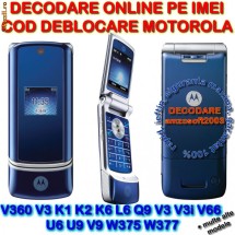 DECODARE MOTOROLA V360 V3 K1 K2 K6 L6 Q9 V3 V3i V66 U6 U9 V9 W375 W377  *** Online pe baza de IMEI *** Cod pentru deblocare ** Rapid, sigur, ieftin ** foto