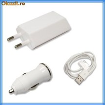 Accesorii Apple iPhone 3G 3GS 4 iPod iPad - Incarcator Masina si Casa + Cablu USB