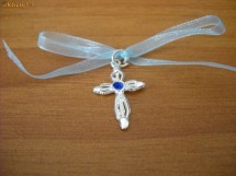 Cruce/ cruciulita botez albastra/ albastru cu pietricica si fundita/ fondita organza baieti/ baietei