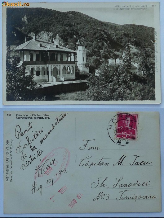 Manastirea Bistrita ,Valcea ,circulata 1942,cenzura foto mare