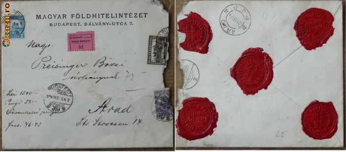 Scrisoare cu valoare declarata , circulata la Arad ,1929 , 5 sigilii foto mare