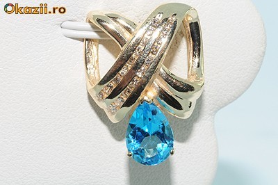 superb pandantiv aur galben14K blue topaz si diamante naturale foto mare