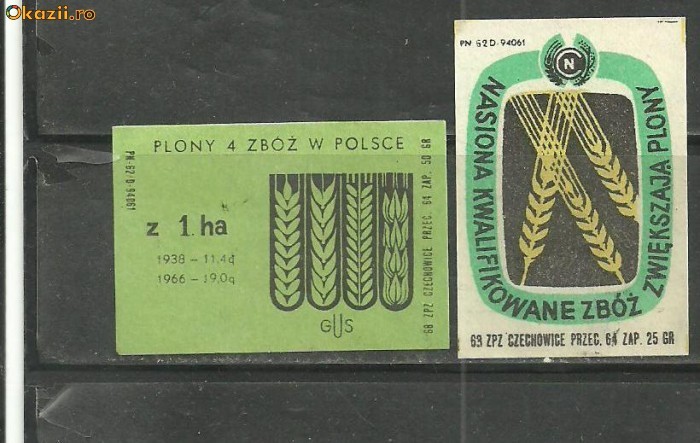 1889* POLONIA - ETICHETE CUTII DE CHIBRITURI tema AGRICULTURA, SPICE DE GRAU, 2 BUCATI DIFERITE foto mare