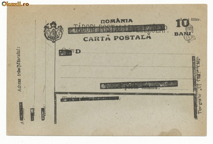 RFL 1919 ROMANIA supratipar pe intreg postal emisiunea Cluj eroare cu sursarj rotit pe C.P. maghiara, necirculat foto mare