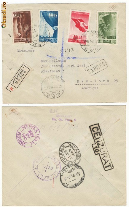 RFL 1945 ROMANIA serie ARLUS circulata pe plic catre SUA cu cenzura Sovietica din Bucuresti foto mare