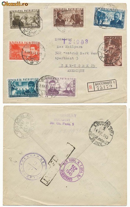 RFL 1945 ROMANIA serie Victimele Terorii Hitleriste circulata pe plic catre SUA cu cenzura Sovietica din Bucuresti foto mare