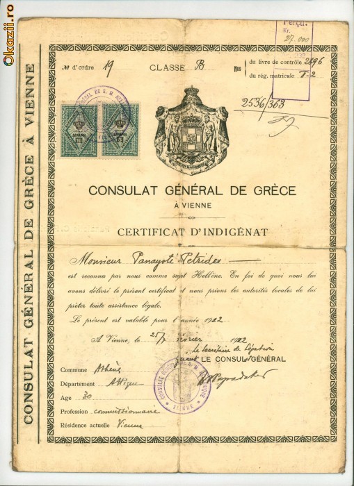 CERTIFICAT DE CETATENIE DAT DE CONSULATUL GENERAL AL GRECIEI LA VIENA-1922 foto mare