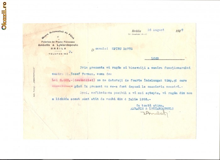 168 Document vechi-1929- Moara Automatica de Faina si fabrica de Paste Fainoase Ambatis Lykiardopoulo(grec),Braila, catre Spiru Davis(Iosef Ferman foto mare