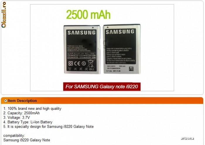 Vand baterie pentru Samsung Galaxy Note GT-N7000 i9220 foto mare