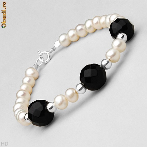 Superba bratara din argint cu pietre naturale Onyx negru si perle, foarte eleganta foto mare