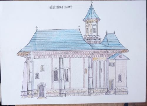 Manastirea Neamt , desen de Lelcu , pictor de biserici , semnat foto mare